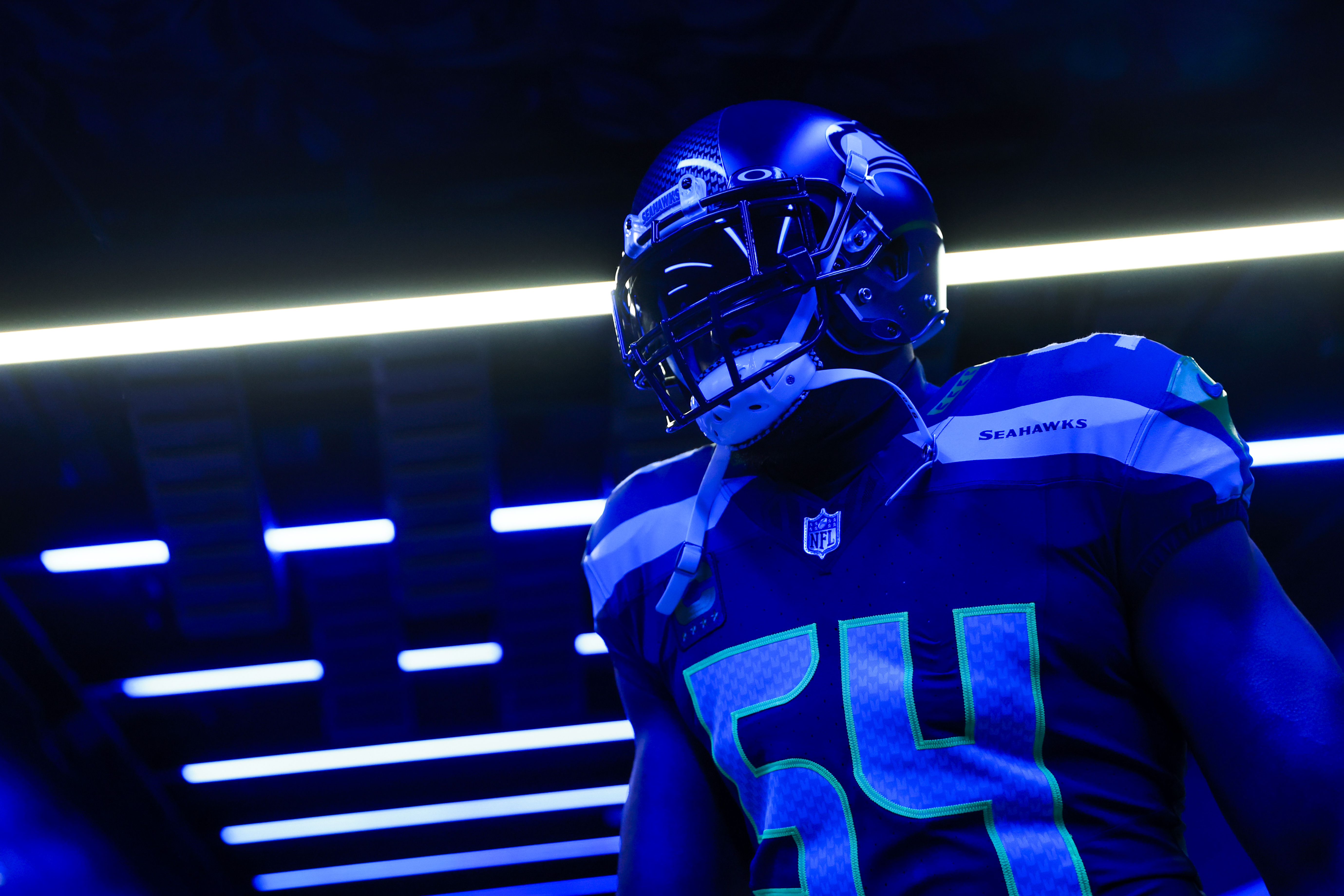 Seattle Seahawks linebacker Bobby Wagner (54) exits the locker room before pregame warmups against the Philadelphia Eagles at Lumen Field.